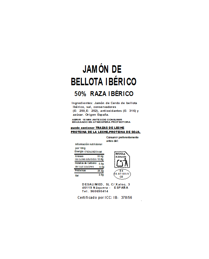 LOTE 09. JAMÓN de BELLOTA IBÉRICO 50% RAZA IBÉRICA