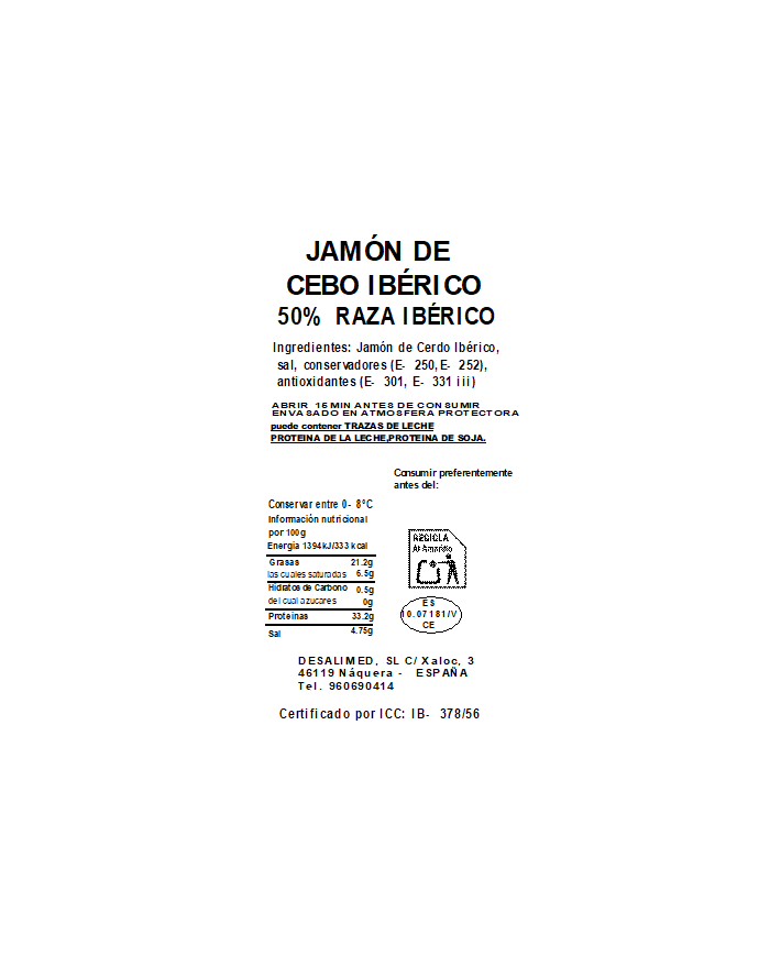 LOTE 14. LOTE JAMÓN de CEBO IBÉRICO 50% Raza Ibérica LONCHEADO