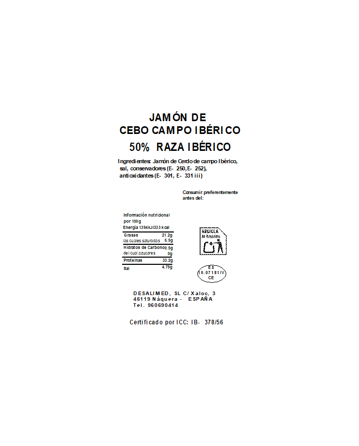 LOTE 08. JAMÓN de CEBO de CAMPO IBÉRICO 50% Raza Ibérica