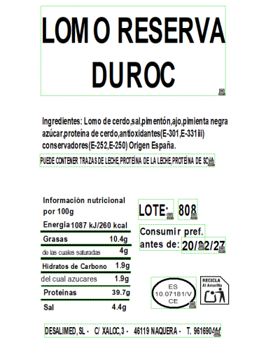 LOTE 12. LOTE GRAN RESERVA DUROC LONCHEADO